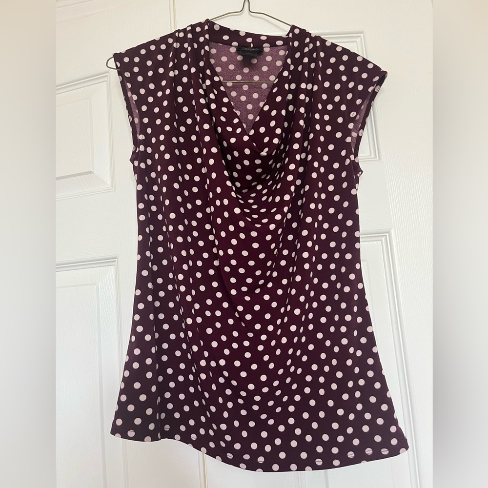 Maroon White Polka Dotted Spots, Cowl Neck Sleeveless Blouse
